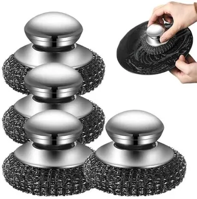 Produktbild von Spülbürste Set 4-teilig - Topfbürste mit Griff - Edelstahl Reinigungsschwamm - Stahlwolle Schrubber - Küchenbürste für Töpfe Pfannen Grill Spüle