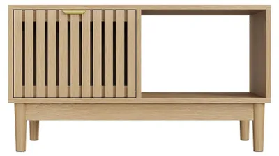 Obrázok produktu pre Konferenčný stolík v štýle mid-century – 80 cm – farba dubu – MDF – 1 zásuvka – otvorené odkladacie priehradky – drevené nohy