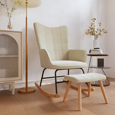 Produktbild von Cloris Designermöbel Schaukelsessel mit Hocker Creme Stoff 2024 Neu