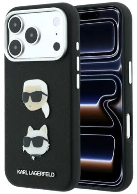 Zdjęcie produktu dla Karl Lagerfeld, etui Saffiano z motywem "Karl & Choupette", breloczki i logo, dla telefonu Apple iPhone 18 Pro / 17 Pro, kolor jasnoniebieski