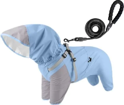 Produktbild von Regenmantel fš¹r Hunde, rauchblau mit 1,5 m langer schwarzer Leine, leichter Regenmantel mit Kapuze, geeignet fš¹r Welpen - wasserdicht, verstellbar, reflektierend, Gr??e M, geeignet fš¹r Spazierg?nge im Regen und Outdoor-Aktivit?ten.