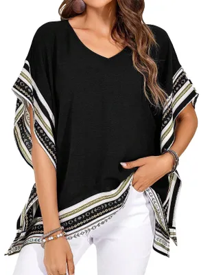 Produktbild von TUUHAW Tunika Damen V Ausschnitt Elegante Sommer Bluse Schwarz L