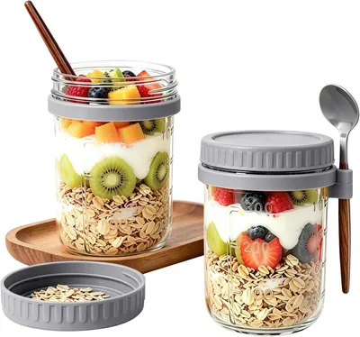 Productafbeelding van Ontbijtpotten met Lepel - Yoghurt Potten - Ontbijt To Go - Lekvrij Ontwerp - 2 Stuks 350ml - Grijs