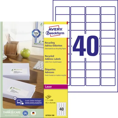 Produktbild von Avery Zweckform LR7654-100, Recycling Adress-Etiketten, A4, 45,7 x 25,4 mm, 4.000 Etiketten / 100 Bögen, naturweiß