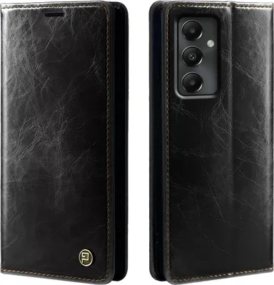 A black leather flip case for a smartphone, shown from the front and back.