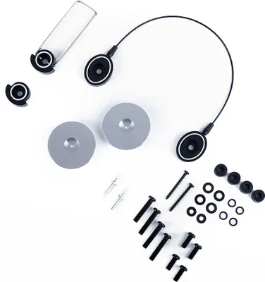 A collection of parts for a TV wall mount, laid out on a white background.