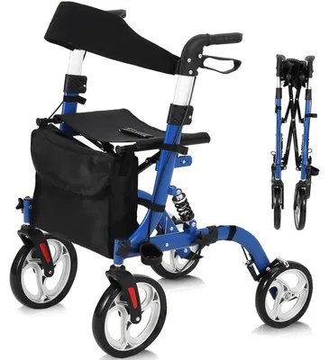 Image de Déambulateur pour seniors - Modèle 1006F - Pliable, en aluminium - Avec siège et dossier - Réglable en hauteur - Roues tout-terrain