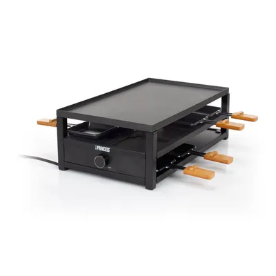 A black raclette grill with wooden handles, shown on a white background.