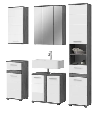 Produktbild von Badmöbel Set 5-teilig "Bailey" weiß Hochglanz und Rauchsilber grau Badkombination