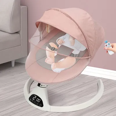 Produktbild von easybuy Elektrische Babyschaukel mit Fernbedienung, 12 Wiegenlieder, Moskitonetz, 5 Schaukelstufen (18-31°), Timer, 3-Punkt-Gurt, waschbarer Bezug, Plüschtiere, Bluetooth, Smart-Sensor, ergonomische 25° Neigung, Rosa, 61x48 cm, 0-12 Monate