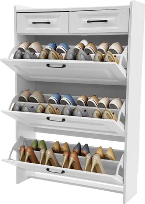 Image de Armoire à chaussures - Compartiments basculants - 80 x 24 x 120 cm - 16 à 20 paires - Cloisons réglables - Structure en bois - Pour le couloir/vestiaire - Blanc