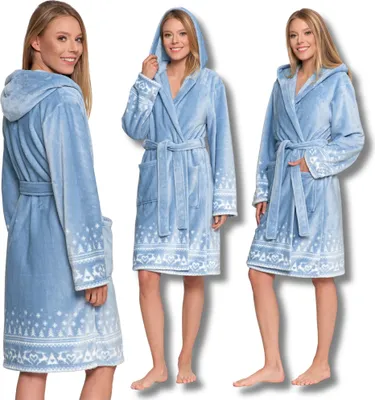 Three views of a woman wearing a light blue hooded bathrobe with a white pattern.