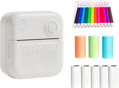 Zdjęcie produktu dla Mini drukarka termiczna Bluetooth do natychmiastowego drukowania zdjęć, z 4 rolkami papieru termicznego (57 x 26 mm) + 5 rolkami etykiet termicznych + 12 markerów, biała