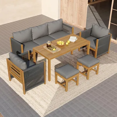Produktbild von 6-teiliges Gartenmöbel-Set (Ess Tisch + Loungestuhl), 3er-Sofa, 2 Einzelsofas, 2 Hocker & Akazien-Esstisch, grau, komfortabel & pflegeleicht