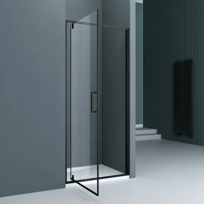 A modern bathroom interior with a black-framed glass shower door.