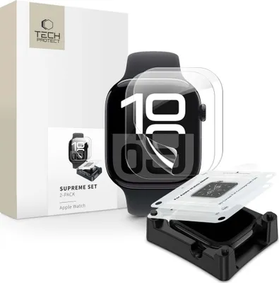 A product shot of an Apple Watch screen protector set, with the packaging and the product itself displayed.