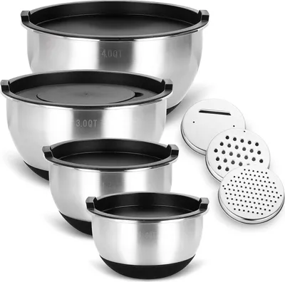 Immagine prodotto di Set di ciotole in acciaio inox, insalatiera con coperchio, 3 accessori per grattugiare, set di ciotole per impastare