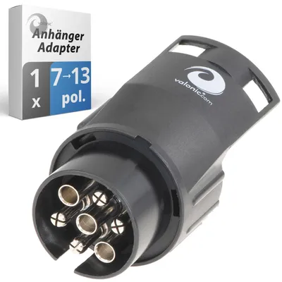 Zdjęcie produktu dla Adapter do gniazda przyczepy valonic Premium - 7-pin do 13-pin, czarny - do połączenia samochodu z przyczepą, adapter do samochodów osobowych, pojazdów i ciężarówek - krótki, gniazdo przyczepy, adapter