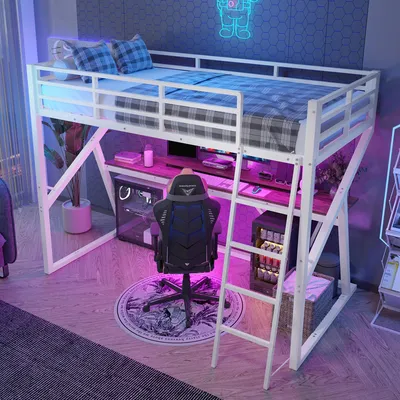 A loft bed with a desk and gaming chair setup, illuminated by colorful LED lights.