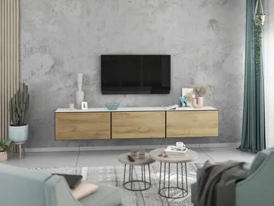 Produktbild von Lowboard VARIANTO 4, Schrank Set, weiß matt / Evoke Eiche griffloses TV-Board, 3 tlg., 228 cm hängend