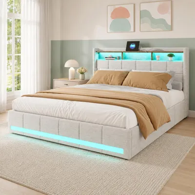 Image de INONEFT Lit tapissier 180x200 cm, en lin beige, lit double avec 4 tiroirs et éclairage LED, tête de lit avec espace de rangement et port USB Type-C, lit fonctionnel pour adolescents avec sommier à lattes