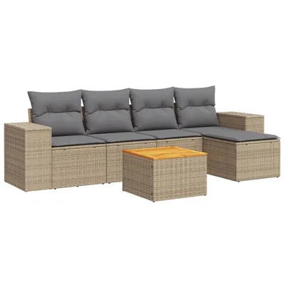 Produktbild von Modulares Garten-Sofa-Set 6-tlg., Poly Rattan Beige, Akazienholz-Tisch, mit Stauraum & wasserabweisendem Beutel, UV-beständig, inkl. Hellgraue Kissen