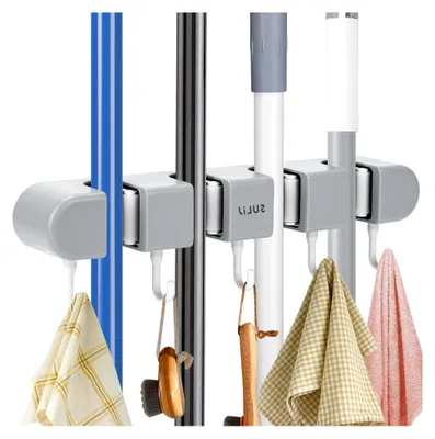 Produktbild von Wandhalterung für Besen, selbstklebend, mit 4 Haltern und 5 Haken, grau, ohne Bohren, für Küche, Badezimmer, Garten, Balkon, Zuhause, Garage