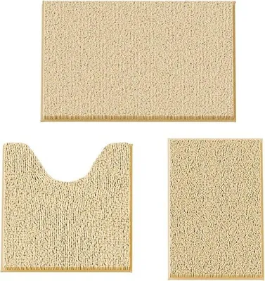 Produktbild von Unyqoos® 3-teiliges Badematten-Set aus weichem Chenille, saugfähig & rutschfest mit Gummirückseite – Badvorleger für Badezimmer & WC, maschinenwaschbar