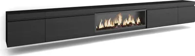 A black, wall-mounted TV cabinet with a central electric fireplace.