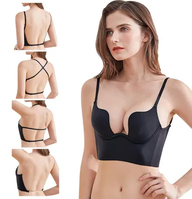 Produktbild von BWOOOWE Nahtloser Backless BH Damen mit Niedrigem Rücken Träger V-Ausschnitt Push Up Rückenfrei BH mit U-Förmiger Träger Weicher Bralette (Schwarz 38/85AB)