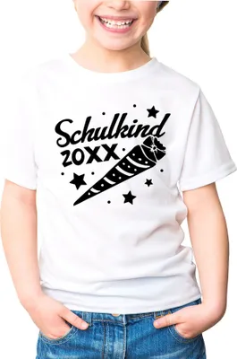 Produktbild von Kinder Mädchen T-Shirt Einschulung mit Namen und Jahreszahl Schulkind 2024 Schultüte personalisierbar Schulanfang Moonworks® weiß 110-116 (5-6 Jahre)