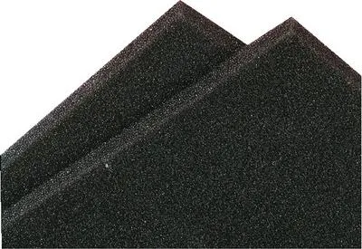 Two black acoustic foam mats are stacked diagonally against a white background.
