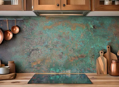 Zdjęcie produktu dla CopperAndCraft panel ścienny do kuchni, wzór płyty miedzianej 25x25 cm, panel ścienny z prawdziwej miedzi, ręcznie wykonana metalowa grafika z niebieską patyną