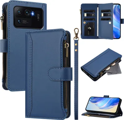 Image de Étui pour Xiaomi Mi 11 Ultra, étui à fermeture éclair en cuirPolyuréthaneavec pochettes pour cartes, support et boucle pour les mains bleu