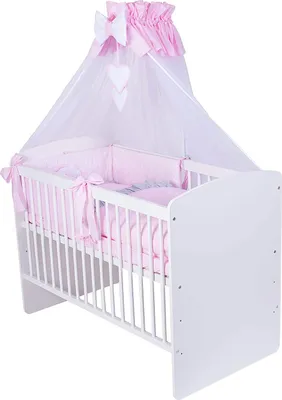 Produktbild von KMbaby Babybett K2 weiss 120x60 mit 10tlg Bettwäsche Set Matratze Gitterbett rosa grau