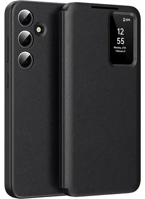 Obrázek produktu pro Kožené flipové pouzdro pro Samsung Galaxy S24 FE, obal s funkcí Smart View okna a přihrádkou na karty Černý