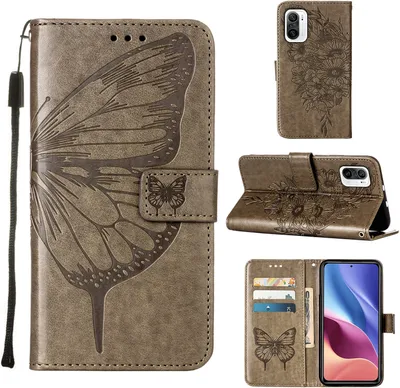 Produktbild von Xiaomi 11i Hülle, Schmetterling Prägung Flip Leder Kartenfächer Schutzhülle Ledertasche mit Ständer für Xiaomi 11i / Poco F3 / Redmi K40 / K40 Pro Grau