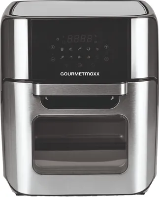 A front view of a stainless steel and black digital air fryer with a display screen.