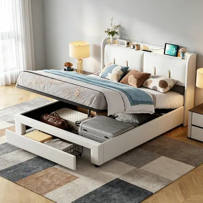 Image de INONEFT : Lit rembourré 140x200 cm avec LED et port USB, lit double avec tiroir et sommier à lattes, lit à lattes escamotables avec coffre de rangement, revêtement en velours, couleur beige