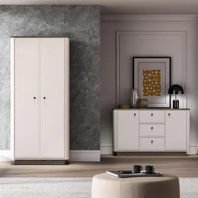Produktbild von Schlafzimmer Set in Beige & Eiche modern, Kleiderschrank und Sideboard, 2-teilig – VEJANO-131