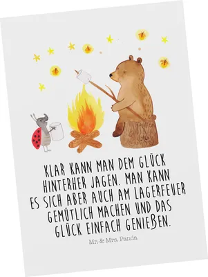 Produktbild von Mr. & Mrs. Panda Postkarte Bär & Marienkäfer Lagerfeuer - Weiß - Geschenk, Postkarten, Teddy, bildkarte, Fotokarte, Grußkarte, einzelkarte