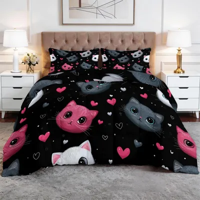 Imagen del producto de Manta nórdica reversible con estampado de gato de dibujos animados y corazones