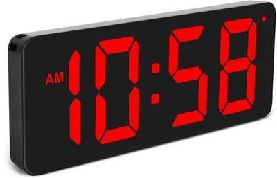 Produktbild von LED-Wanduhr mit großem Ziffernblatt, Tischuhr, mit Adapter und ausklappbarer Tischunterlage, automatische Helligkeit, 12/24-Stunden-Anzeige, rote LED-Anzeige, 215 x 85 x 20 mm.