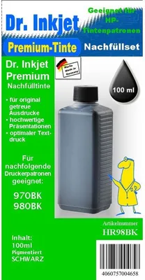 Produktbild von HR98BK - Pigmentierte Schwarze Nachfülltinte 100ml für HP970 | HP980 Druckerpatronen