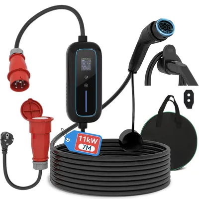 Produktbild von Puluomis Mobile Wallbox 11kW Ladekabel 7m Typ 2/CCS, 2 in 1 EV Ladegerät mit CEE Adapter 3-phasig 8-16A einstellbar, IP65 wasserdicht, Timer, schwarz
