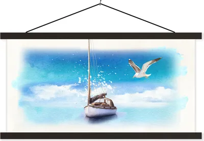 Produktbild von MuchoWow® Textilposter Segelboot - Vogel - Meer 60x30 cm mit schwarzem Rahmen - Textilien