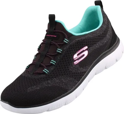 A single black Skechers shoe with teal and pink accents is shown against a white background.