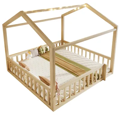 Produktbild von Hausbett mit LED Kugel-Lichterkette, 90x190cm*2/180x190cm, Kinderbett mit Lattenrost und Rausfallschutz, Kiefer