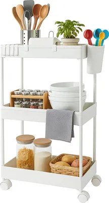 Produktbild von Relaxdays Rollwagen, 3 Etagen, Servierwagen, Küchenwagen Bad & Büro, Rollregal, HBT: 62,5x40x22 cm, Bastelwagen, weiß