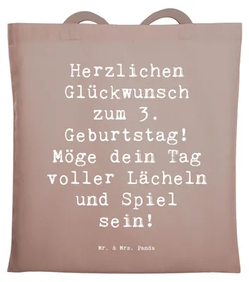 Produktbild von Mr. & Mrs. Panda Shopping Tasche Spruch 3. Geburtstag Lächeln und Spiel - Braun Pastell - Geschenk, dokumententasche, magischer Moment, Jutetasche, besonderer Meilenstein